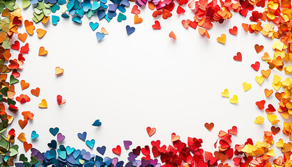 A frame of confetti-like hearts in rainbow colors. Copy space white background. DIY.