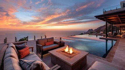 A breathtaking view captured from a luxury villa overlooking the ocean at sunset, the warm hues of the sky painted in vibrant shades of orange and pink