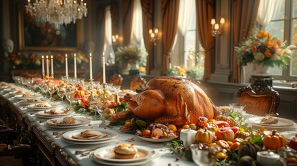 A Table Set Up With a Large Turkey and Lots of Food on It for Thanksgiving - Generative AI