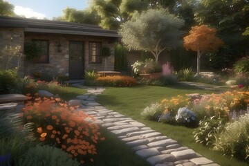 Obraz premium : A tranquil backyard garden with blooming flowers and a stone pathway 