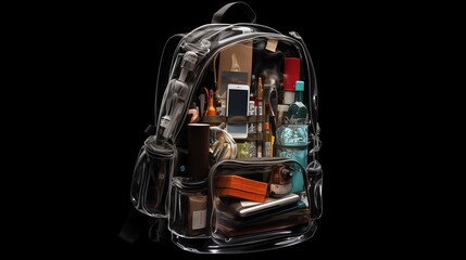 Fototapeta premium X-ray of a clear backpack with a laptop, camera, and other electronic devices inside.