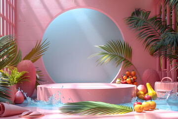 .Empty stylish podium 3D mockup background for beauty product presentation concept. Summer copy space platform surrounded by palm leaves . Cosmetics, perfume or home goods sales advertising stand.