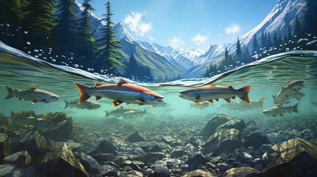 A group of salmon swim upstream in a clear river