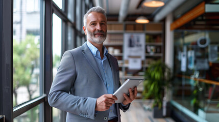 portrait of a businessman or a CEO holding a digital tablet standing in modern office, use of digital technology for business management 