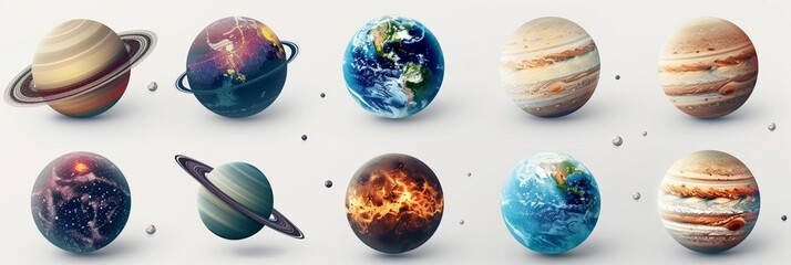Big set of planets isolated on transparent background..