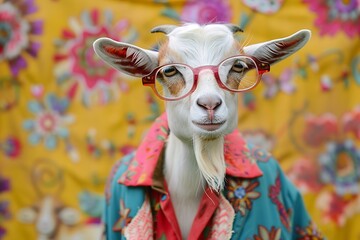 adorable Eid al-Adha featuring a cute goat dressed in a coat, pent, and glasses, exuding charm and sophistication