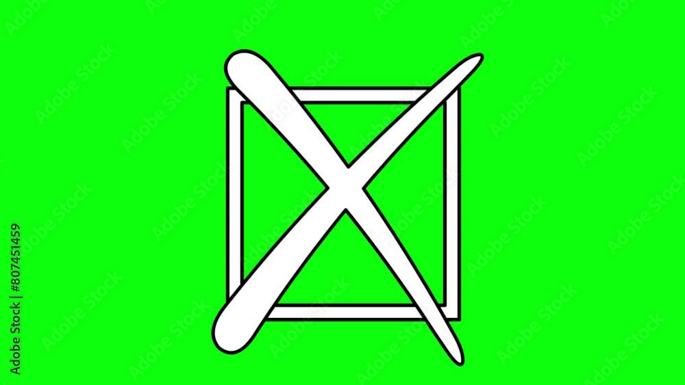 Poster video drawing animation icon cross select checkbox option, drawn in black and white color. on a gree