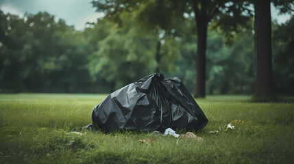 Black garbage bags on green grass in the park