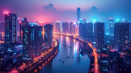 cityscape at night, with illuminated buildings reflecting in the calm waters of a river winding through the urban sprawl