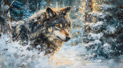The regal wolf, draped in a fur-trimmed cloak, gazes into the moonlit forest.