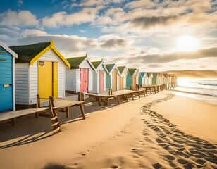 Beach huts on a sandy beach 