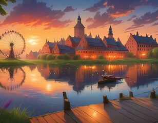 Dusk on a river with traditional european buildings in the background
