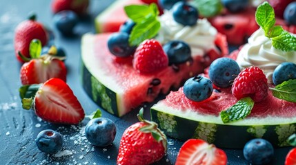 Zoomed-in shot of watermelon pizza, featuring dollops of yogurt and vibrant berries, set against an isolated, clean background
