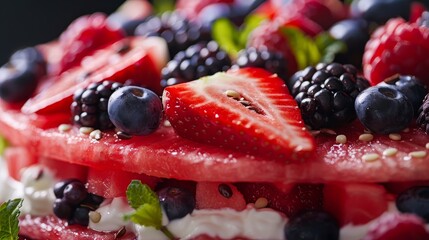 Vibrant close-up of watermelon pizza layered with creamy yogurt and fresh berries, showcasing texture and color, isolated for clarity