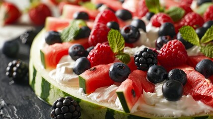 Vibrant close-up of watermelon pizza layered with creamy yogurt and fresh berries, showcasing texture and color, isolated for clarity