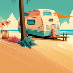 Poptop caravan on a beach with sea background