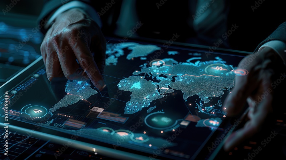 Poster protocols using interactive digital world map interface. copy space for text.
