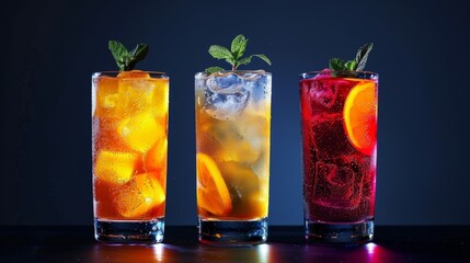 Three artisanal cocktails in tall glasses, each illuminated by studio lighting against a dark, isolated background