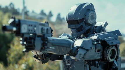 SWAT robot officer engaging targets at an outdoor range, close-up under the broad daylight, emphasizing advanced robotics