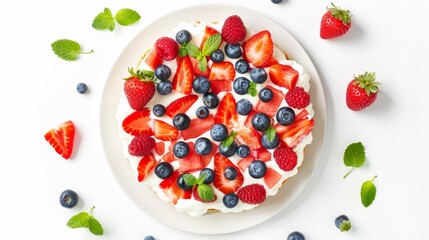Summery top view of a watermelon pizza, creamy yogurt and vibrant berries topping, showcased on an isolated white background