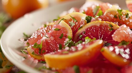 Studio-lit close-up of a fresh and tasty red blood orange salad, emphasizing the juicy citrus segments, isolated for clarity