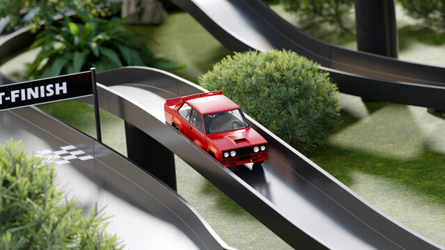 Closeup of a red rally car in a miniature racetrack with trees and rocks. Toy car racing miniature model. 3d rendering