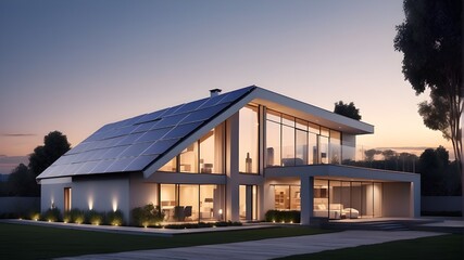 Solar panels cover the roof of a modern house at dusk. AI Generative