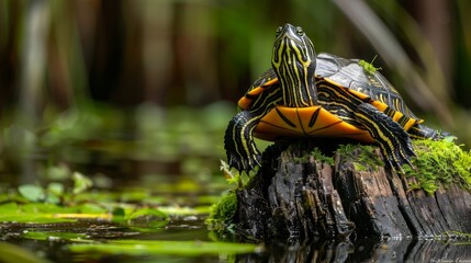Close-up of a resting yellow-bellied slider turtle on a cypress stump, highlighted by the natural setting of Greenfield Lake