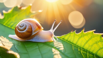 A snail with a shiny spiral shell crawls along a leaf out in the sunshine. A closeup macro nature shot.