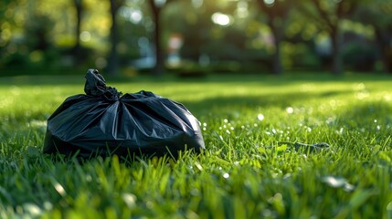 Close-up of a heavy-duty dark waste bag lying on a beautifully maintained green lawn, showcasing environmental concerns