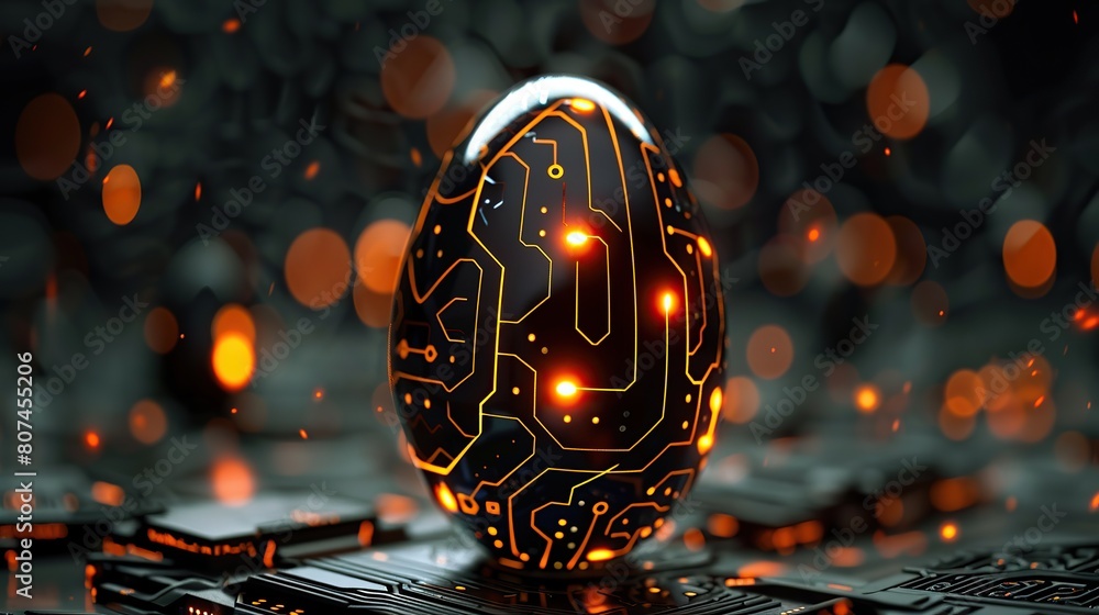Poster glowing digital modern illustration of an abstract 3d egg with circuit board texture. greeting card 