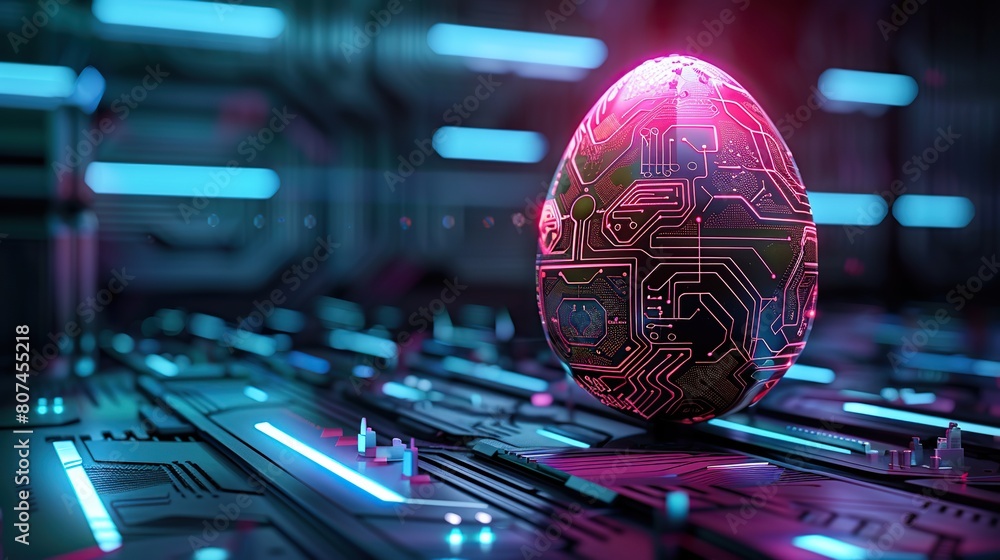 Poster glowing digital modern illustration of an abstract 3d egg with circuit board texture. greeting card 