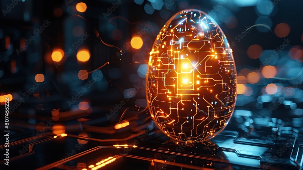 Poster glowing digital modern illustration of an abstract 3d egg with circuit board texture. greeting card 