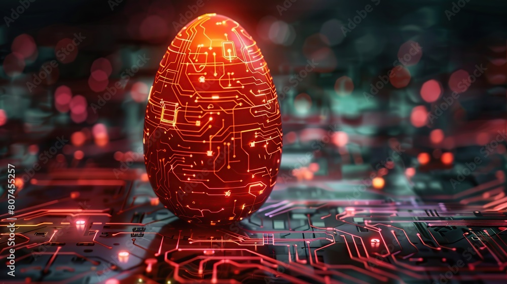 Poster glowing digital modern illustration of an abstract 3d egg with circuit board texture. greeting card 