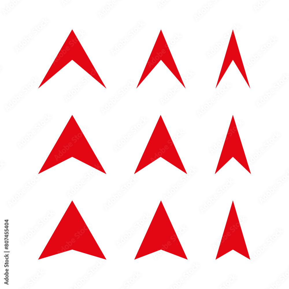 Poster red arrowheads set. vector directional symbols. upward pointing navigational icons.