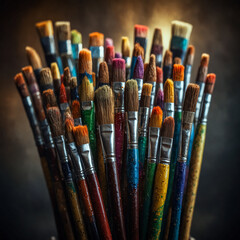 Watercolor, oil paint, powder paint, etc. Various sizes and types of paintbrushes.

