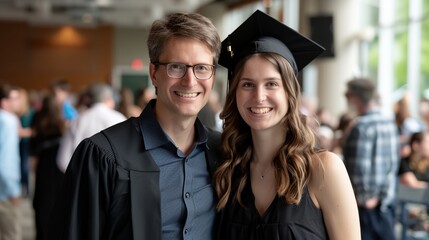 Fototapeta premium a man and woman in graduation gowns posing for a picture together in a hall of people in the background..
