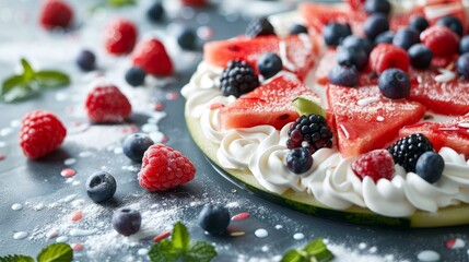 Artistic close view of a watermelon pizza with swirls of yogurt and a scattering of berries, elegantly isolated with studio lighting