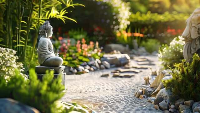 Serene garden path with Buddha statue among lush greenery in sunlight
