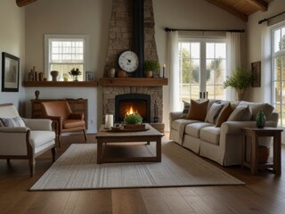Modern living room with farmhouse-inspired country home interior design.