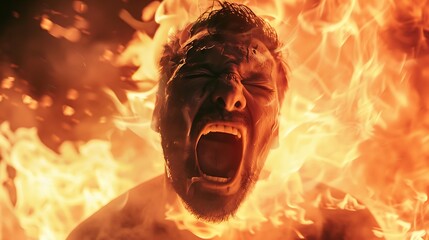 adult mature man consumed by anger, his features twisted in a primal scream as flames rage in the background