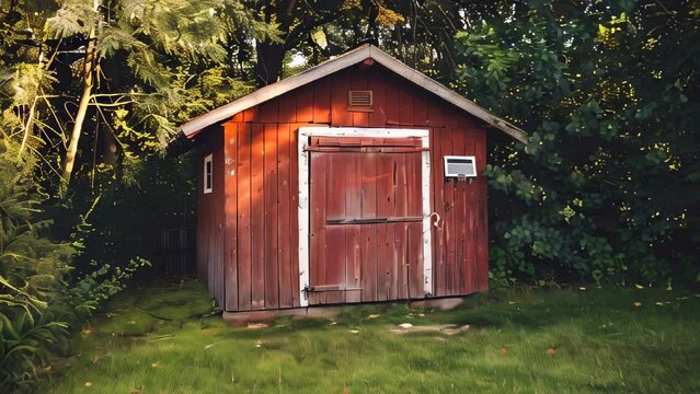 Small, red wooden shed in lush green garden during daytime