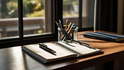 desk with a notebook and pen Productivity in Simplicity: Classic Desk Setup with Notebook, Pen, and Eyeglasses