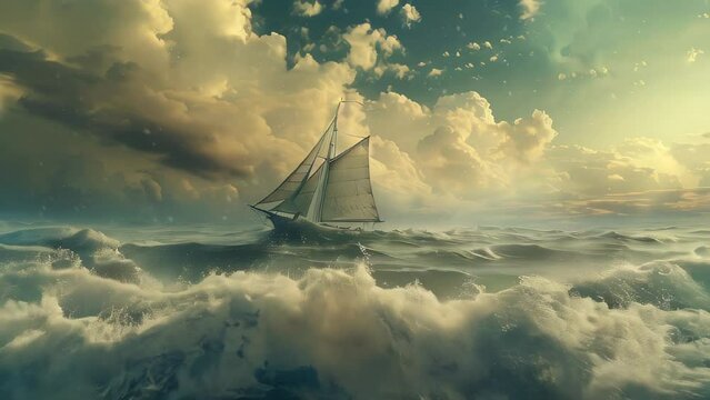 Sailboat in rough sea with dramatic clouds
