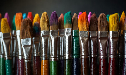 Fototapeta premium Watercolor, oil paint, powder paint, etc. Various sizes and types of paintbrushes. 