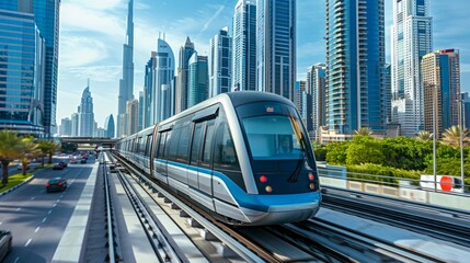 Monorail Subway train rides among glass skyscrapers in Dubai. Traffic on street in Dubai. Museum of the Future in Dubai. Cityscape skyline. Urban background.