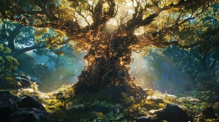 Detailed portrayal of a majestic tree within a futuristic enchanted forest, emphasizing its grandeur and otherworldly features