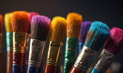 Fototapeta premium Watercolor, oil paint, powder paint, etc. Various sizes and types of paintbrushes. 