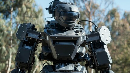 Fototapeta premium Daytime training of a SWAT robot at an outdoor range, close-up showcasing its sophisticated design and operational capabilities