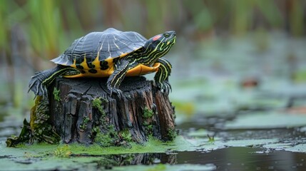 Close view of a yellow-bellied slider turtle on a wooden stump at Greenfield Lake, focusing on the interplay of textures and natural hues